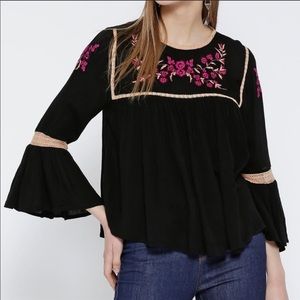 FOREVER 21 BLACK EMBROIDERED BELL SLEEVE TOP